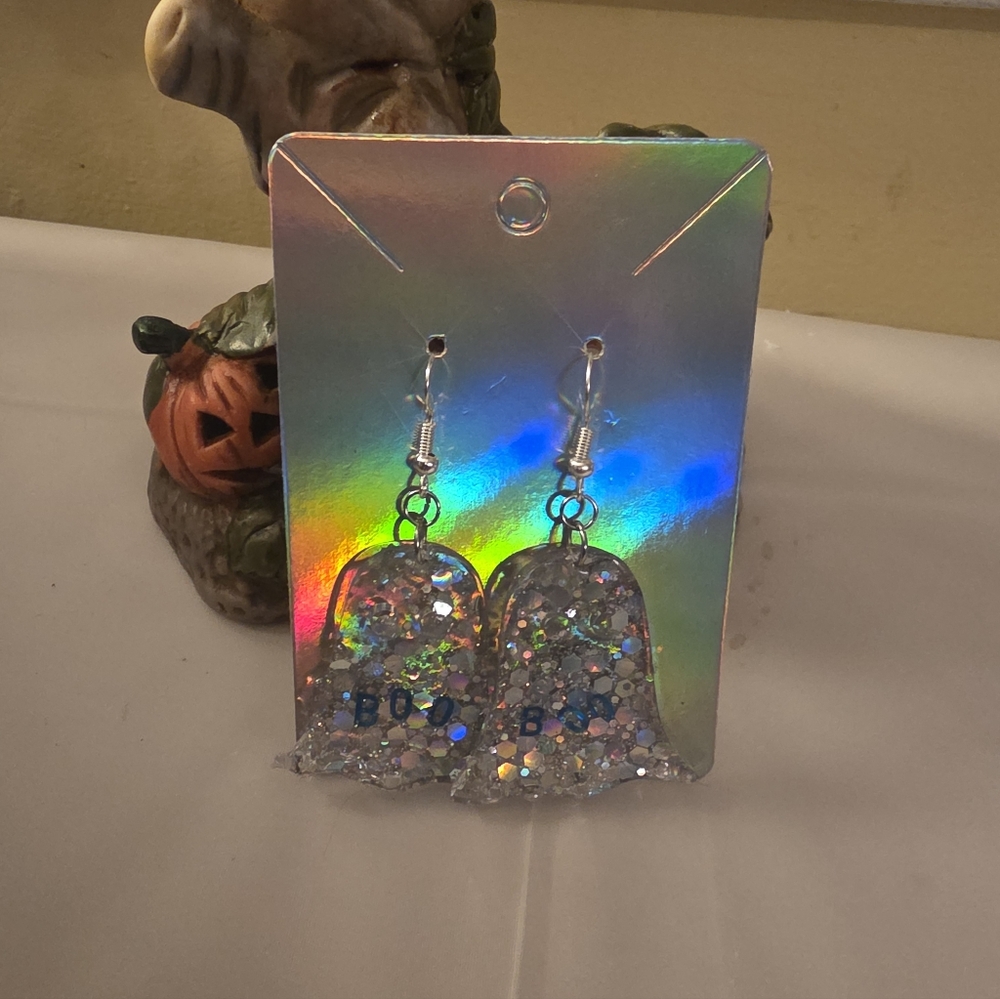 Silvery GHOST Resin Hook Earrings With Boo Written On Ghost Stainless Steel